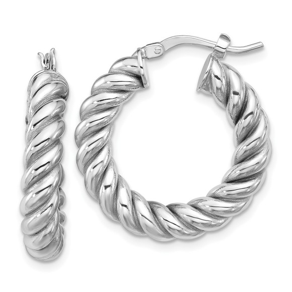 14k Yellow Gold w/White RH-plat Polished/Twisted Round Hoop Earrings
